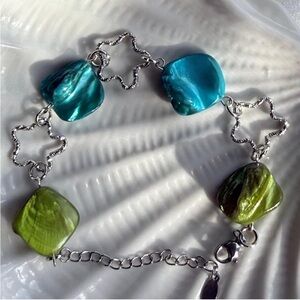 Silver Bracelet with Teal and green bead